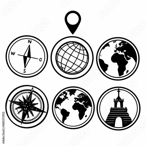 Illustration of compasses, globes, location pin, and landmark