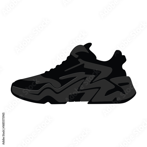 Modern black athletic shoe with chunky sole on white background