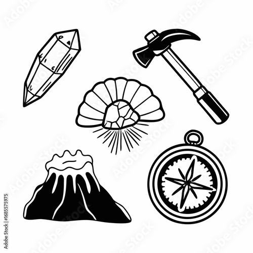 Geology and exploration icons featuring a hammer, crystal, compass and volcano