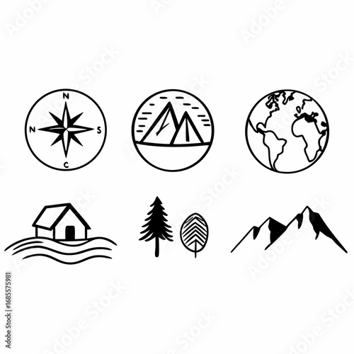 Illustration of compass, mountains, globe, house, and trees