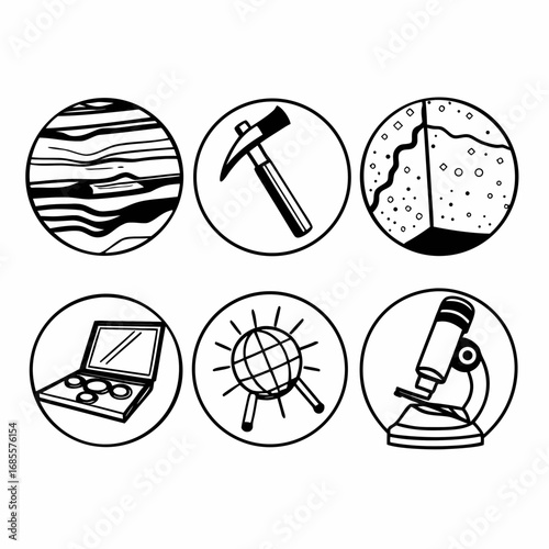 Geology and science icons showing rock, hammer, earth, microscope