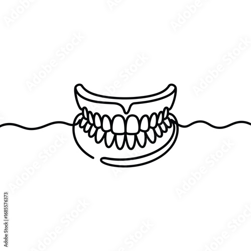 Minimalist line drawing of full dentures on a white background