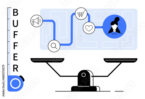 Scales weighing user engagement, marketing data, and shopping behavior. Visual showcases search, heart, megaphone, cart icons. Ideal for decision-making, marketing consumer behavior strategy