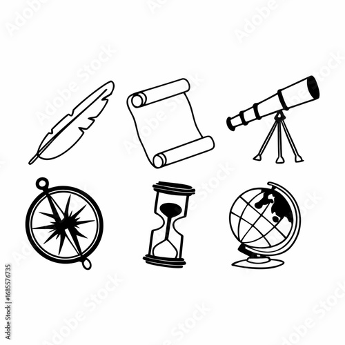 Exploration and discovery icons for historical or scientific designs