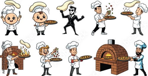 Cartoon pizza chef characters cooking, tossing dough, serving hot pizza, perfect for restaurant logo, menu design, posters, food branding