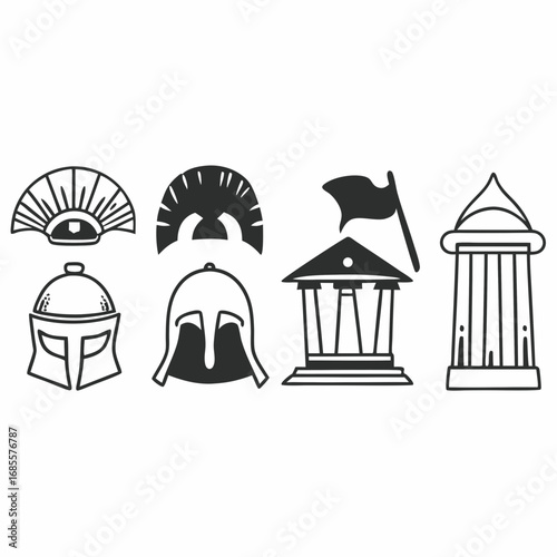 Collection of ancient civilization icons featuring helmet, temple, and fan