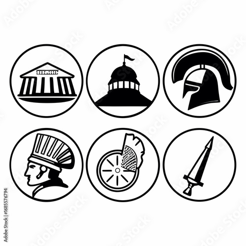 Collection of ancient civilization icons in circles featuring temple and helmet