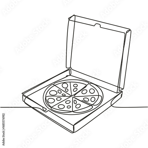 Open pizza box with a whole pizza inside simple line drawing