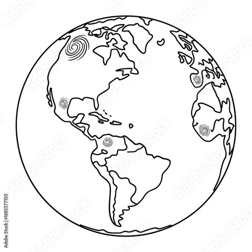 Outline drawing of planet earth showing north and south america