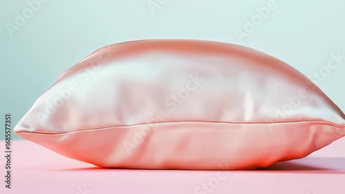 Peach satin pillow on a pink and light blue background, studio shot.