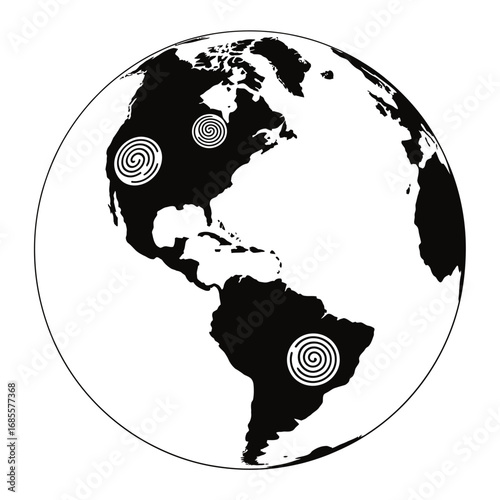 Global connection with swirling vortex symbols on north and south america