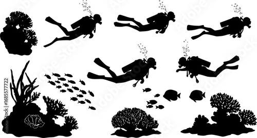 Silhouettes of scuba divers exploring underwater world with coral and fish in black and white style | editable eps vectors
