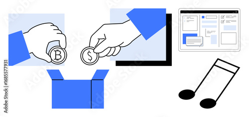 Hands placing Bitcoin and Dollar coins into a box, a digital user interface screen, and musical notes. Ideal for finance, online transactions, content creation, innovation, philanthropy, tech tools