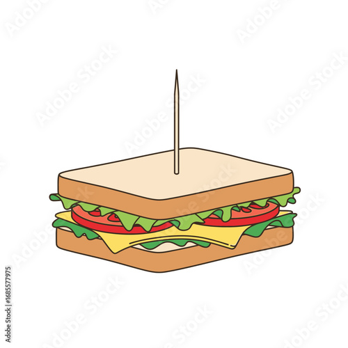 Illustration of a sandwich with lettuce tomato cheese and bread secured with a toothpick on white