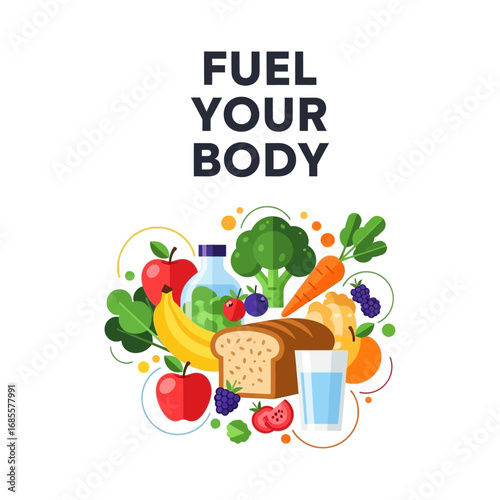 Illustration of healthy food with fruits vegetables and water with fuel your body text above it