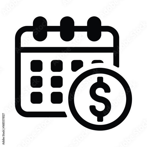 Simple black line icon illustrating a payment schedule or financial date, featuring a calendar and a dollar symbol coin