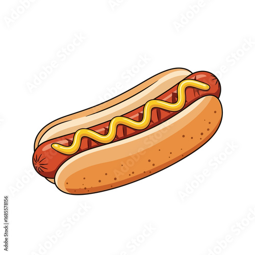 A cartoon illustration of a hotdog with mustard on a white background in a simple style design