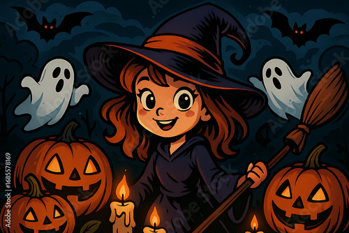halloween background with cartoon witch