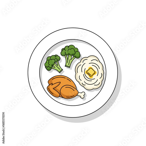 Cartoon depiction of a plate with roast chicken broccoli and mashed potatoes with butter on a white background