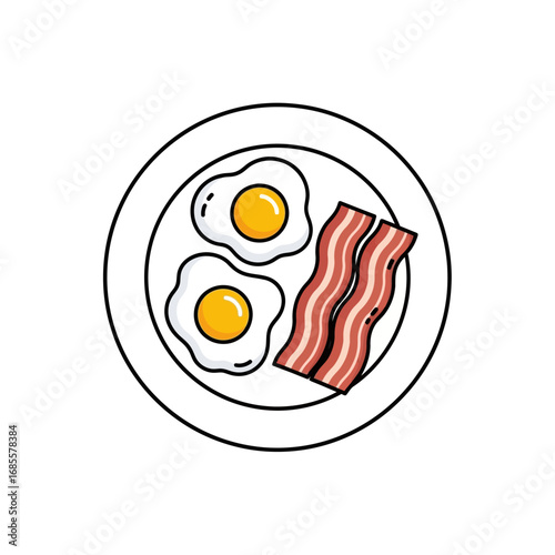 A top down view of a plate with two fried eggs and two strips of bacon on a white background style