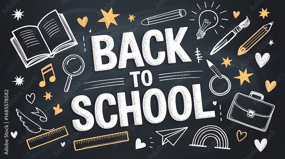 Fototapeta premium Back to school chalkboard design with school supplies and stars