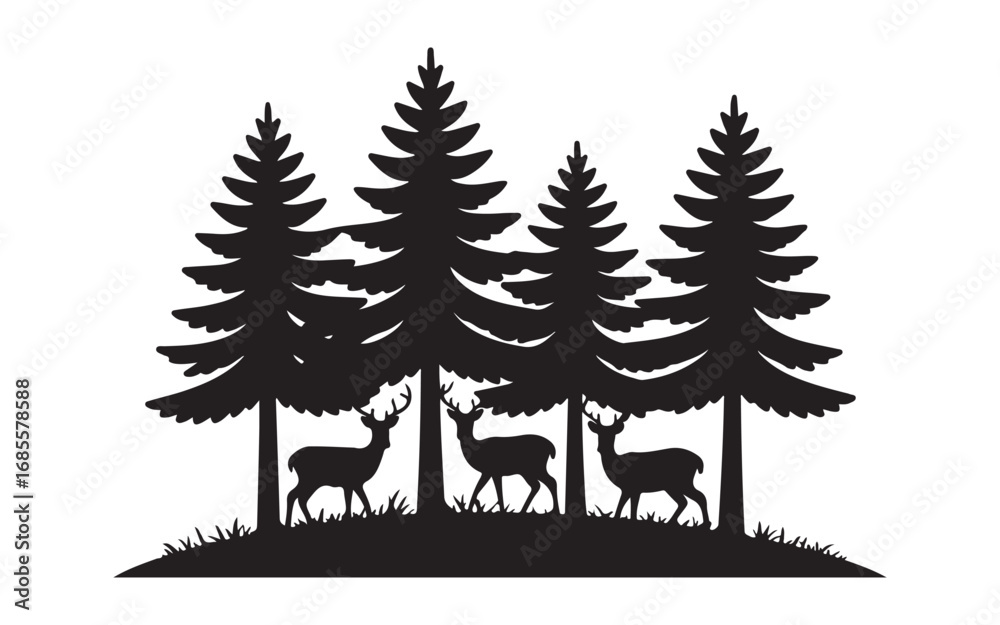Obraz premium Forest Scene with Deer Family Silhouette and Scenic Landscape