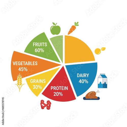 A colorful pie chart showing the percentages of different food groups for a balanced diet plan