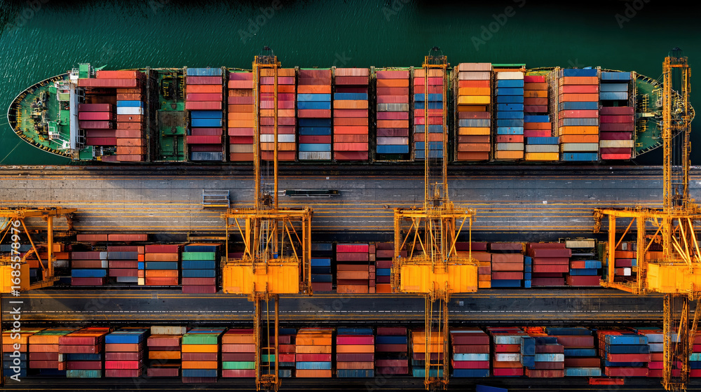 Obraz premium Colorful shipping containers arranged at a busy port during daylight operations