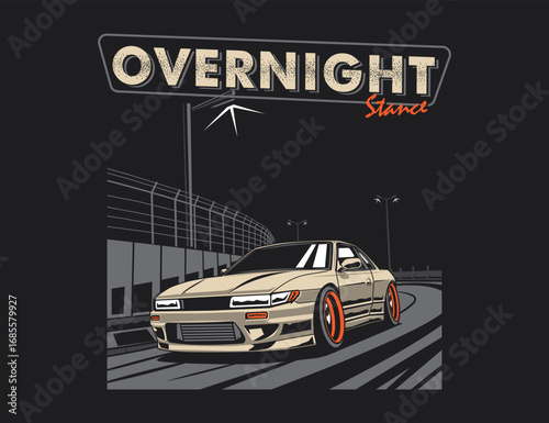overnight racing illustration featuring 90s car vector and circuit background graphic