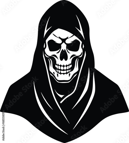 a clean skull illustration with hood covering most.eps