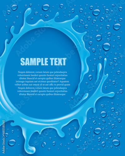 blue water splash with many drops and place for text	
