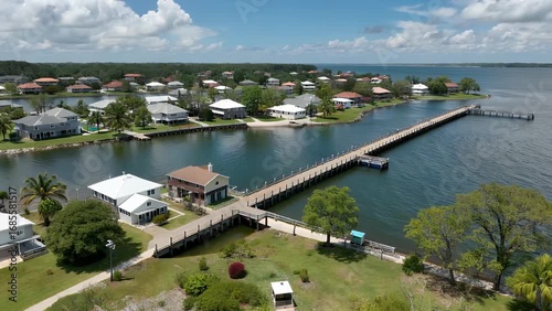Wallpaper Mural cinematic 4k aerial video over new orleans lake pontchartrain breakwater park capturing rippling blue waters homes lush greenery dramatic cloud filled sky creating a vivid natural urban riverside Torontodigital.ca