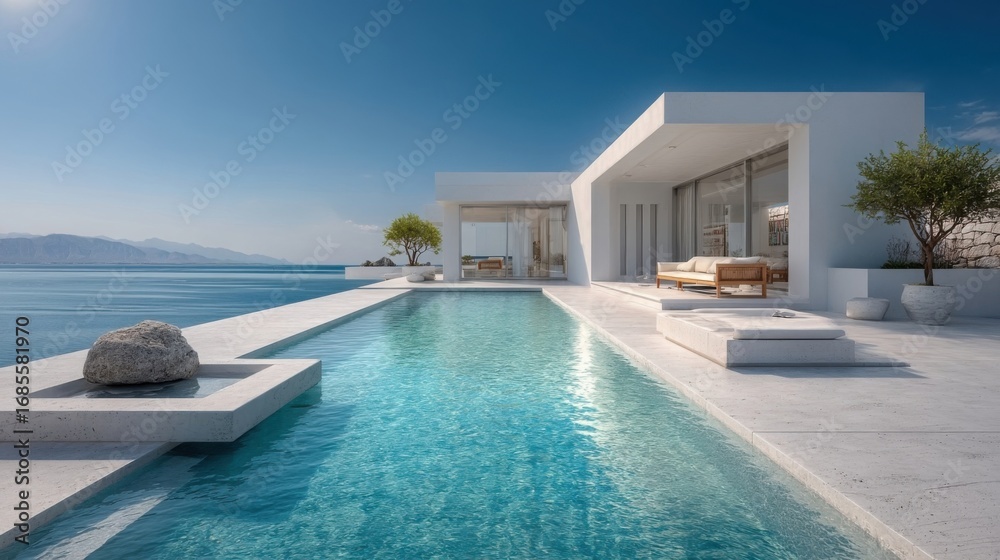 Fototapeta premium Ultra modern coastal villa with clean lines, minimalist design, large glass windows, sea views, swimming pool,