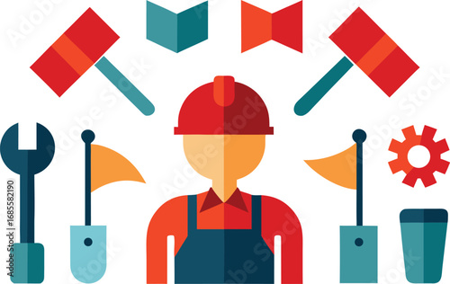 Labor day icons collection featuring workers tools flags festive vector art
