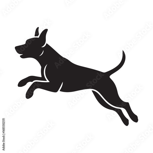 Energetic dog silhouette mid jump symbolizing freedom agility and playful spirit on white background for designs