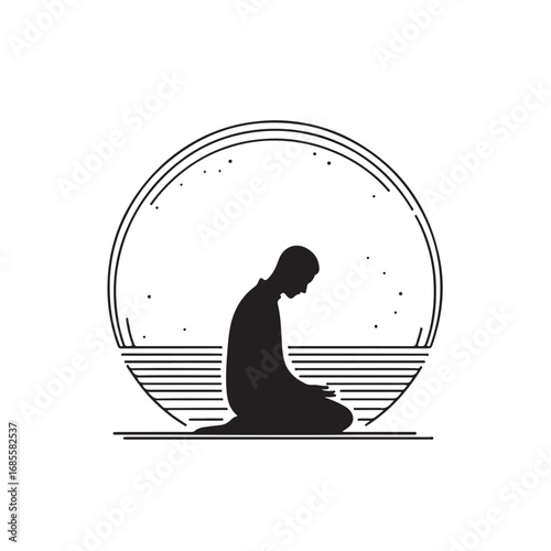 Man performing islamic prayer in a dark silhouette