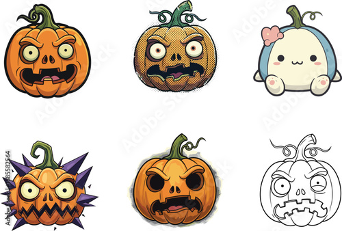 Funny Halloween pumpkin cartoon set, spooky jack-o-lantern illustration, cute creepy monster pumpkins, horror face vegetable, comic Halloween design