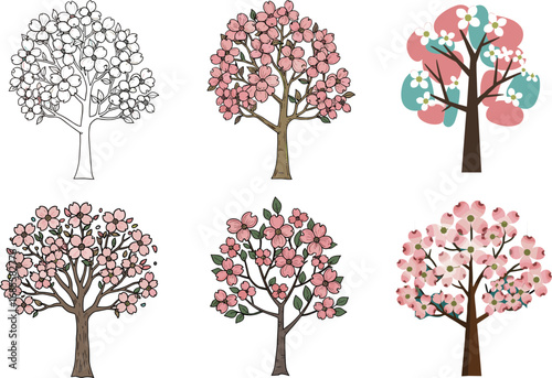 PrintDogwood Flowering Tree Vector Set Featuring Pink Blossoms in Hand-Drawn, Flat, and Stylized Designs for Botanical Art Projects