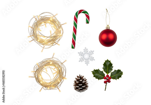 Christmas Decorations with Lights, Candy Cane, and Holly PNG on Transparent Background