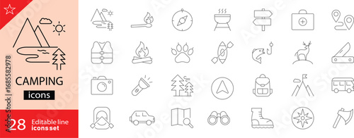 Camping icons set. Including tent, campfire, backpack, hiking, nature, forest, lantern, sleeping bag, map and more. Editable stroke. Outline icons. Vector illustration. Perfect for infographics. 