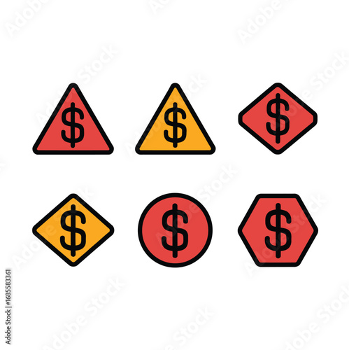Vector icon set of six different financial alerts or currency warning symbols for business and economic concepts