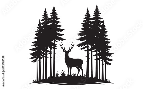Nature Silhouette of Deer with Pine Trees in Forest Vector