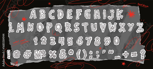 Cut out paper font with doodle letters, numbers and punctuation marks. Hand written alphabet on cutout paper with folded texture, retro collage typography with scribble elements vector set