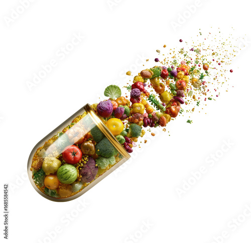 A transparent gold capsule bursts with a vibrant array of colorful fruits and vegetables, radiating outwards in a dynamic explosion