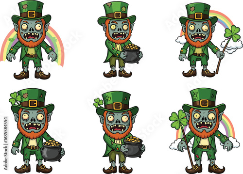 Zombie leprechaun cartoon characters with pot of gold, shamrock, rainbow background, St. Patrick's Day horror theme, undead Irish creature