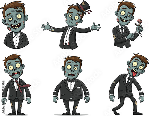 Cartoon zombie grooms in tattered suits, funny undead characters, Halloween horror theme, spooky wedding men, creepy facial expressions illustration