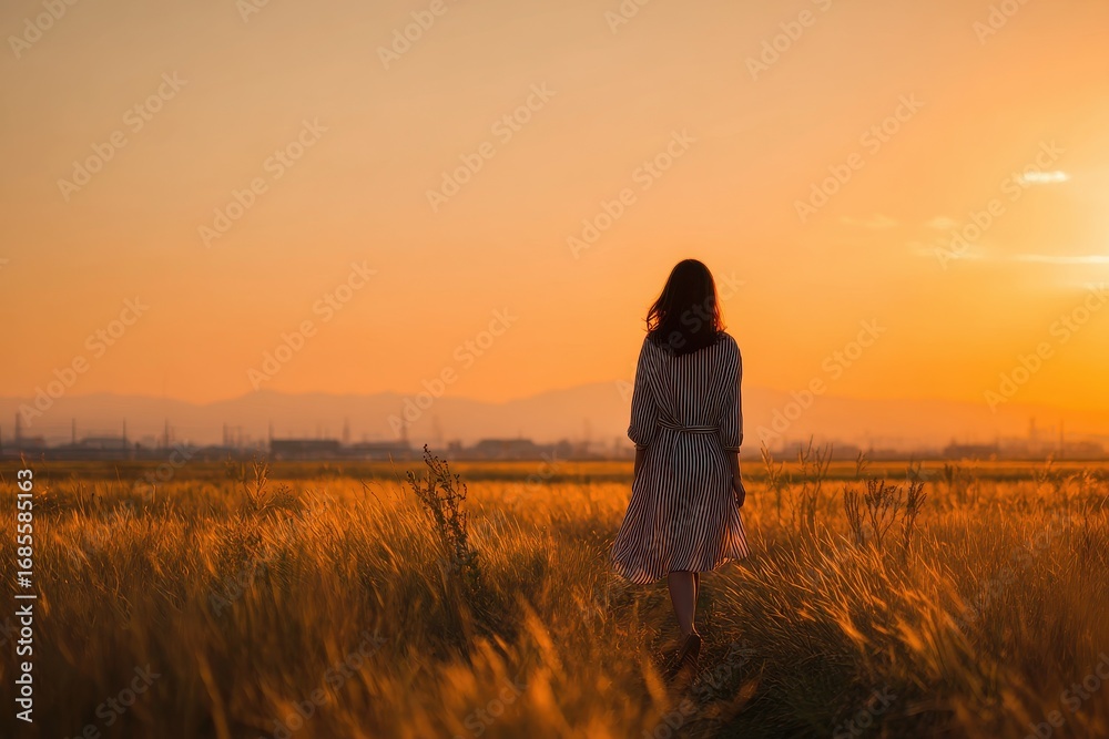 Fototapeta premium Serene Walking Meditation: Young Woman Strolling Through a Sunlit Summer Field