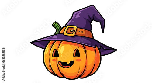 Cartoon pumpkin wearing a purple witch hat smiling