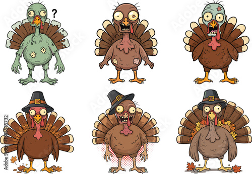 Cartoon zombie turkeys in funny poses, Halloween and Thanksgiving mix, spooky undead birds illustration, comic holiday characters, pilgrim costume theme