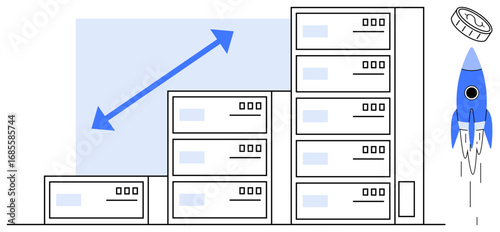 Stacked servers with a blue upward arrow, launching rocket, and coin highlight success, growth, technology, finance, innovation, business analysis and investment opportunities. Ideal for startups